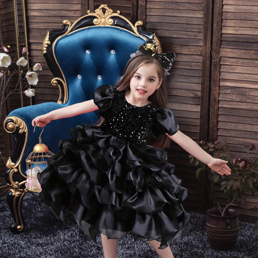 Girls Sparkling Sequin Princess Dress Puff Sleeves Halloween Christmas Dance Performances Formal Dresses for Youngsters Stage Performance Skirt with Positioning Holes