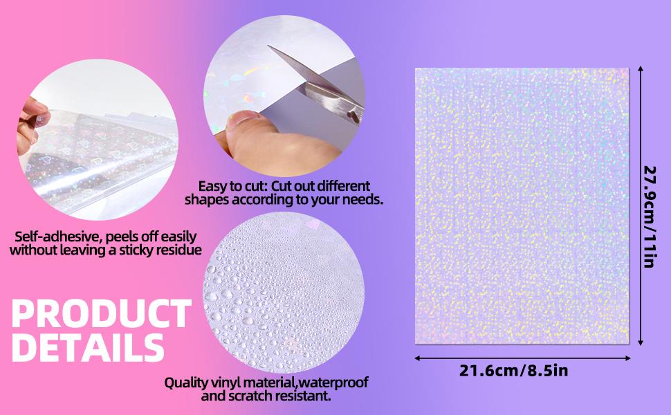36 Sheets Holographic Sticker Paper, Transparent Holographic Vinyl Laminate Film, Clear Overlay Lamination Sticker Paper Self Adhesive Waterproof - Gem, Dot, Colorful, Star Patterns/8.5x11 inch