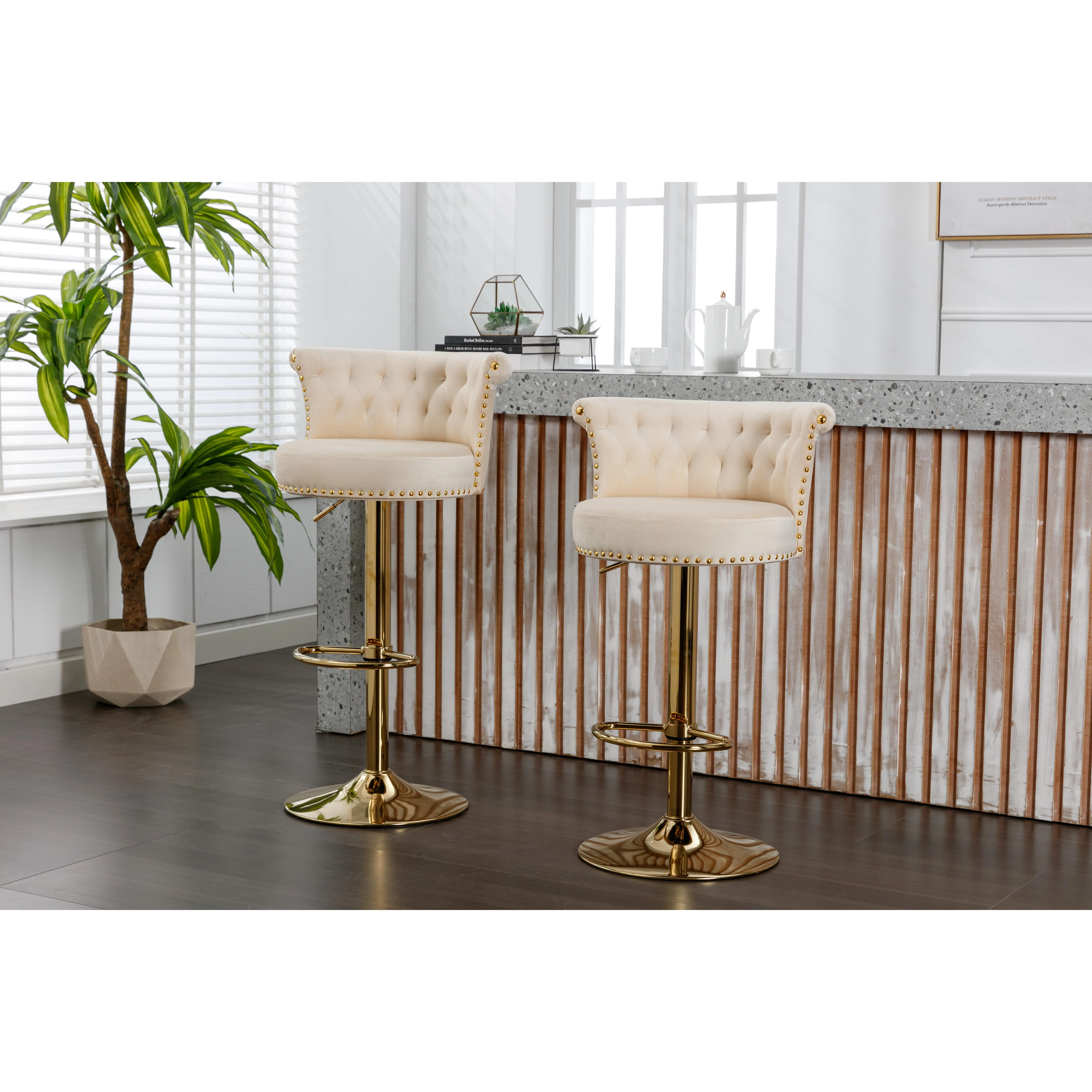 ARCH Velvet 360° Rotating Bar Chair with Handmade Backrest, One Click Adjustable Height, Soft Pillow Seat, Modern Kitchen Island Dining Stool, Cafe Barstool Set of 2, Multiple Color Options, Dining Room Chairs for Kitchen, Dining Room, Living Room