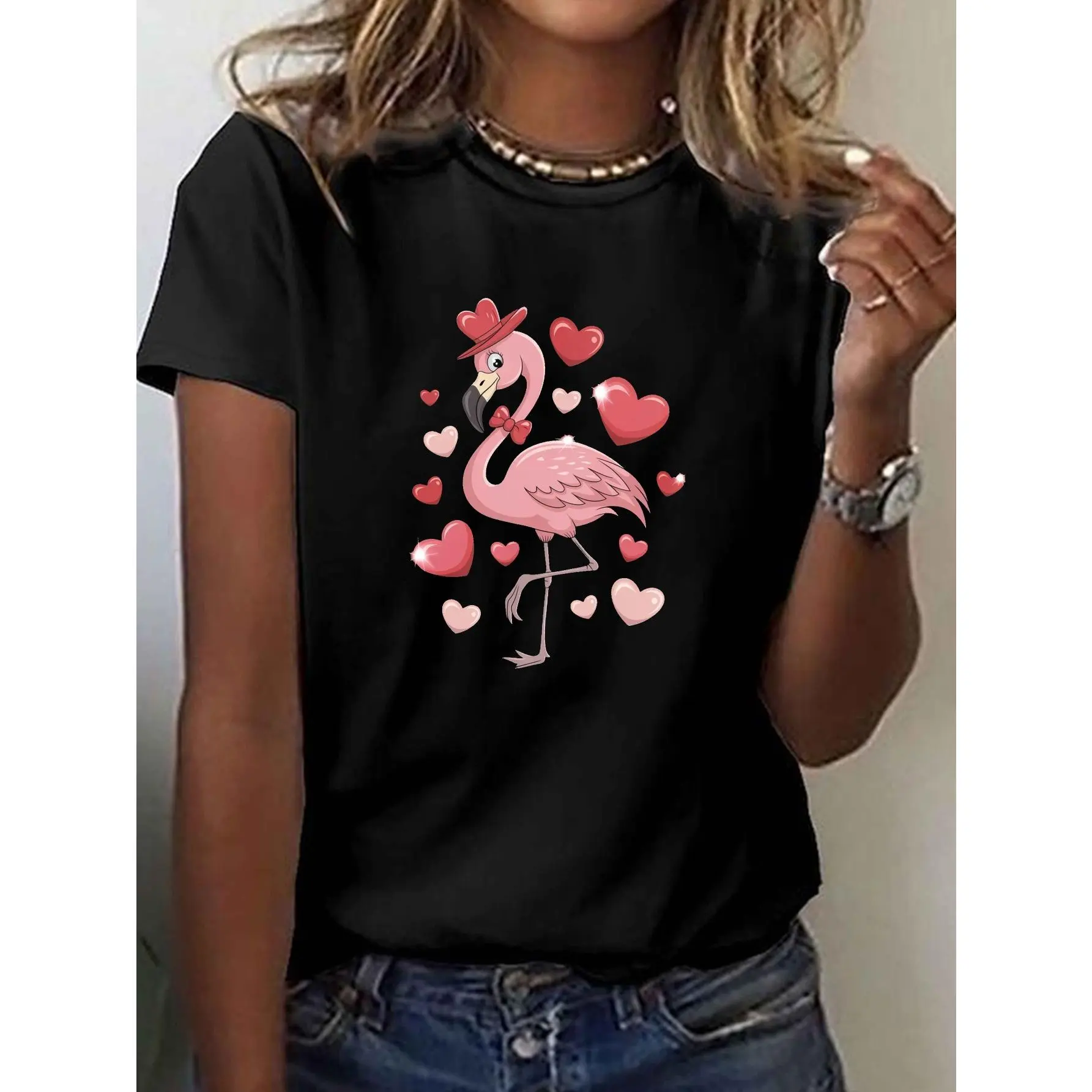 Valentine's Day Flamingo and Heart Pattern Women's T-Shirt- Short Sleeve Round Neck Casual Top, Medium Elasticity, Machine Washable, All-Season Comfortable Fit for Spring and Summer, Flamingo Print T-Shirt