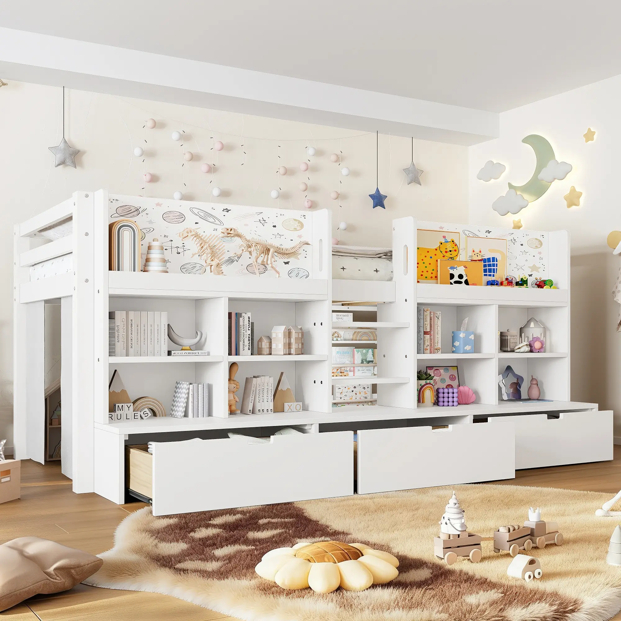 ARCH Twin XL Loft Bed with Multi-Storage Shelves and Curtain, Low Loft Bed Frame with Chalkboard, No Box Spring Needed, White, Space-Saving Kids Bedroom Furniture, Study Area Under Bed, Bedroom Furniture for Bedroom, Guest Room, Kids Room