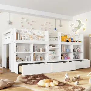 ARCH Twin XL Loft Bed with Multi-Storage Shelves and Curtain, Low Loft Bed Frame with Chalkboard, No Box Spring Needed, White, Space-Saving Kids Bedroom Furniture, Study Area Under Bed, Bedroom Furniture for Bedroom, Guest Room, Kids Room