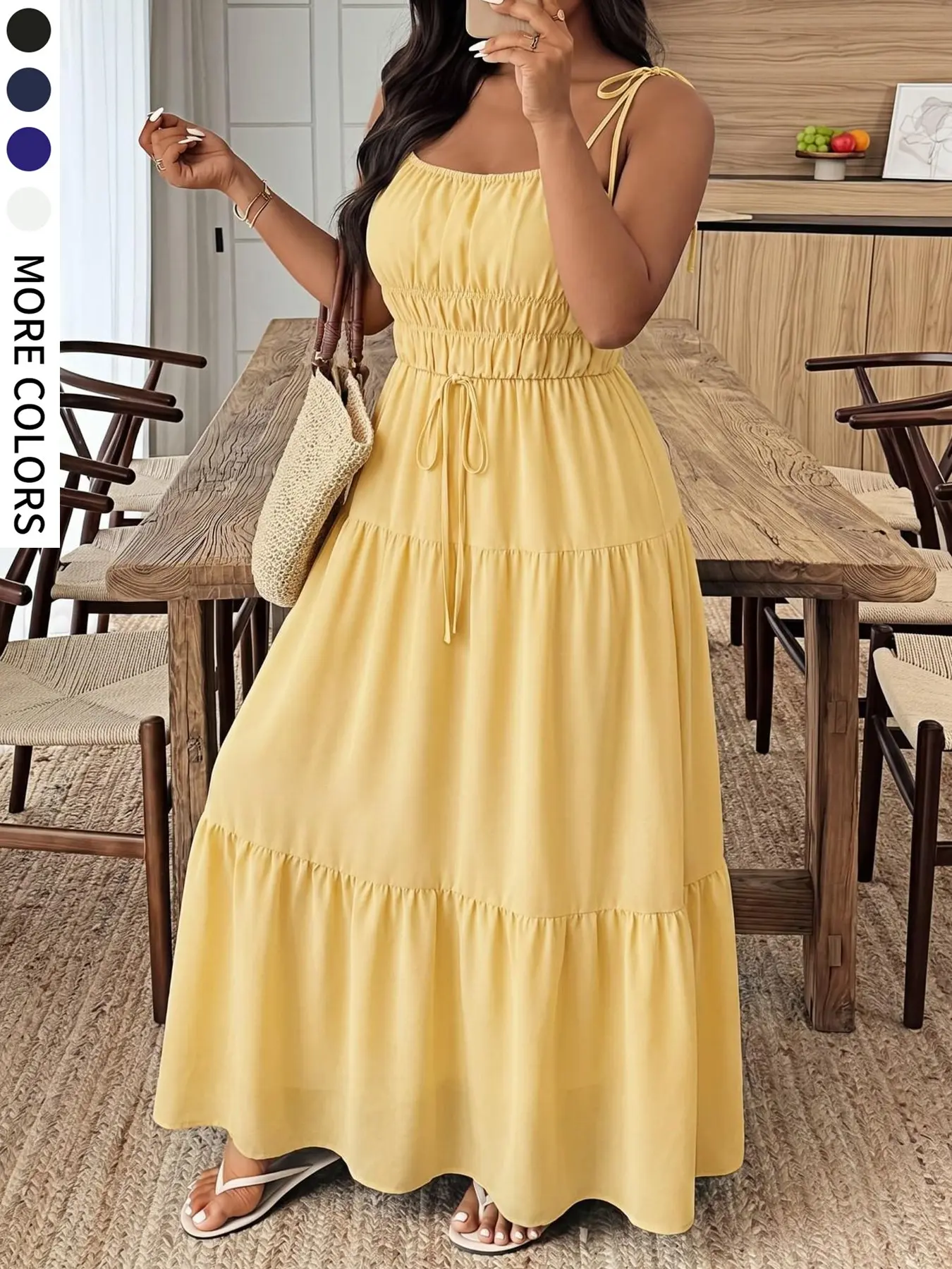 Plus Size Boho Style Loose Dress, Ruffle Halter Neck, Sleeveless, Bow Tie Accent, Long Flowy Fit, Perfect for Parties, Holidays, Daily Wear