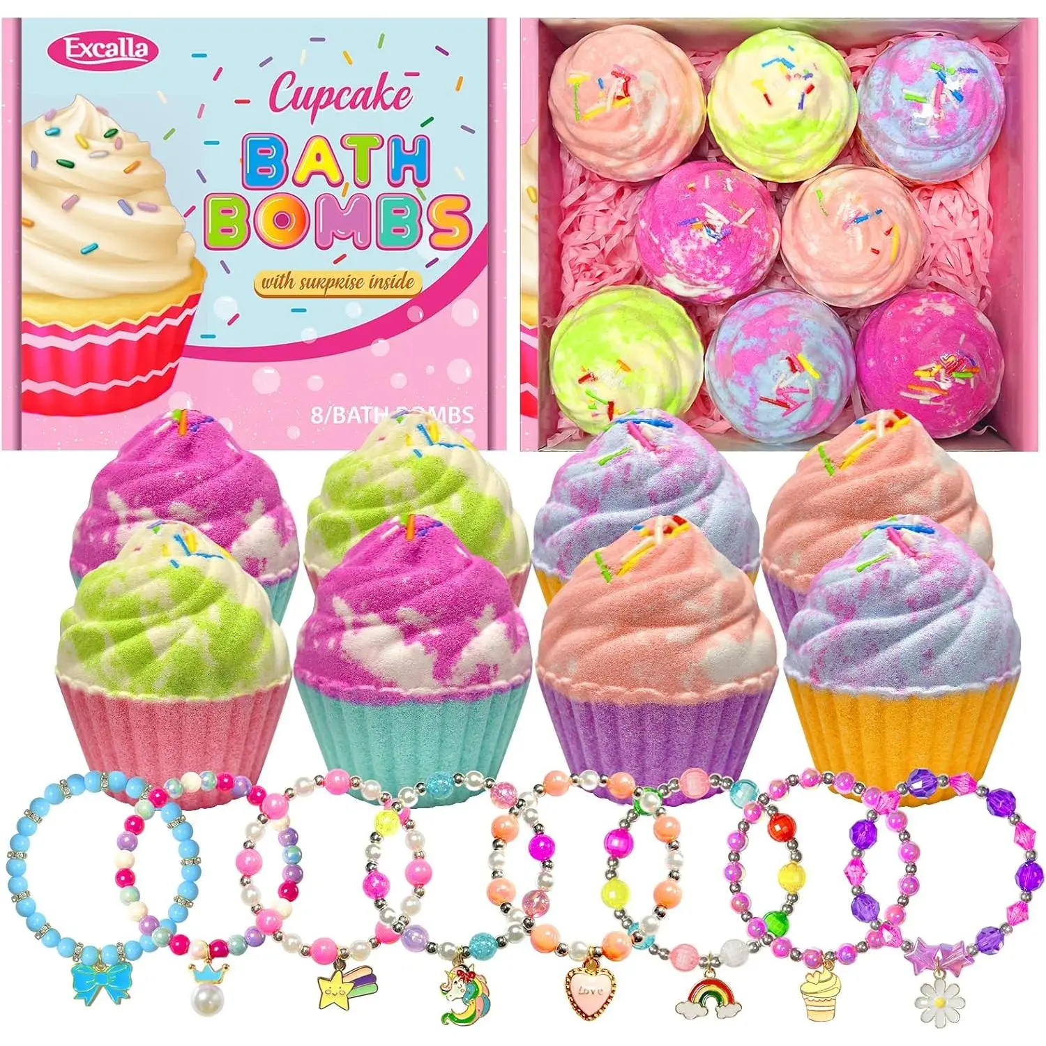 Bath Bombs for Kids with Surprise Jewelry Inside, 8 Cupcake Bath Bombs for Girls Gift Set, Handmade Fizzes Balls with Rich Bubble Bath, Ideal for Chrildren Birthday Christmas