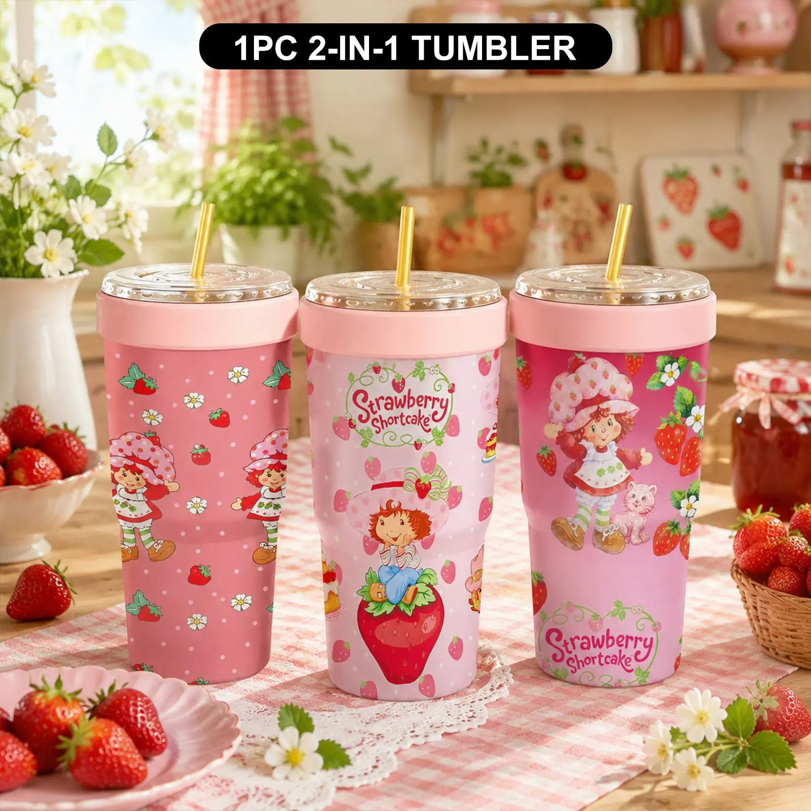 1PC 32oz Cute Strawberry Girl Print 2-in-1 Insulated Tumbler & Iced Coffee Cup Sleeve, Leak-Proof Double Wall Stainless Steel Travel Mug, Cold 12+H & Hot 6+H, Fits 16–24oz To-Go Cups, Birthday & Christmas Gift for Friends & Family