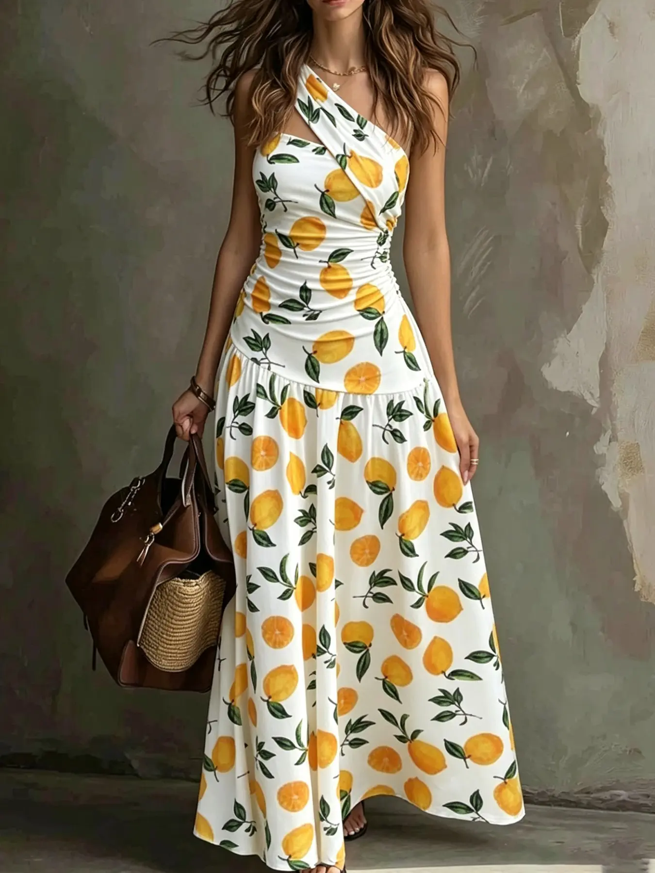 Women Summer Lemon Print One Shoulder Long Dress, Ruched Slim Fit A Line Maxi Dress for Beach Vacation, Pool Party, Birthday Date, Travel Portrait Shooting, City Street Snap, Cafe Hangout and Girls Holiday Trip