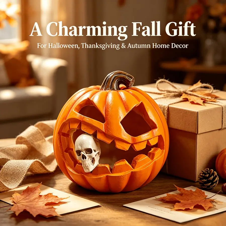 1Pc Resin Artificial Pumpkin Decor Carved Textured Weird Hollow Pumpkin Table Centerpiece Indoor Outdoor Ornament For Halloween Thanksgiving Fall Christmas Holiday Gift