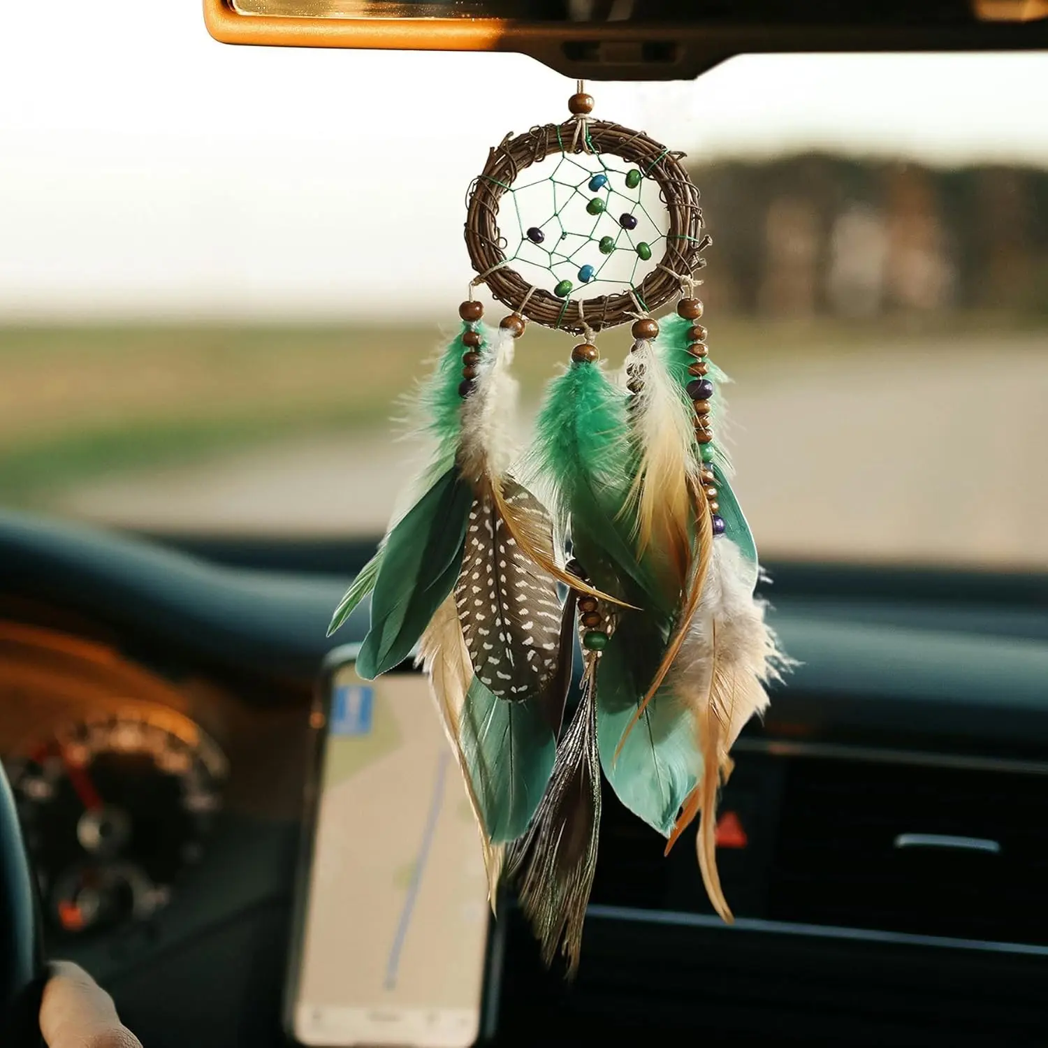 Mini Dream Catcher for Car Rear View Mirror Accessories - Handmade Small Green Dreamcatchers Boho Car Charm Interior Native Ameican Indian Ornament Room Decor