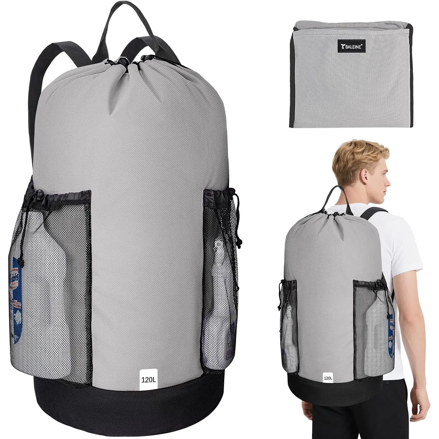 120L Laundry Bag Backpack, 900D Oxford Fabric Large Travel Laundry Bags with Shoulder Straps and 2 Mesh Pockets for College Dorm, Apartment, Laundromat (Gray, 120L)