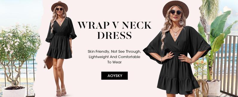 FMEYOA Womens V Neck Casual Dresses Summer Duster Cardigans Short Sleeve Draped Oversized Mini Short Dress FMEYOA Womens V Neck Casual Dresses Summer Duster Cardigans Short Sleeve Draped Oversized Mini Short Dress