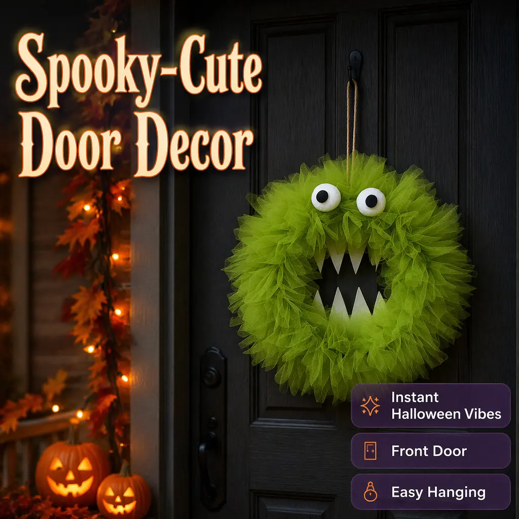 Halloween Fluffy Monster Tulle Wreath 2 Color Options| Cute Cartoon Monster Door Wreath with Big Eyes, Funny Spooky Hanging Decor for Front Door Wall, Halloween Home Party Kids Room Decoration