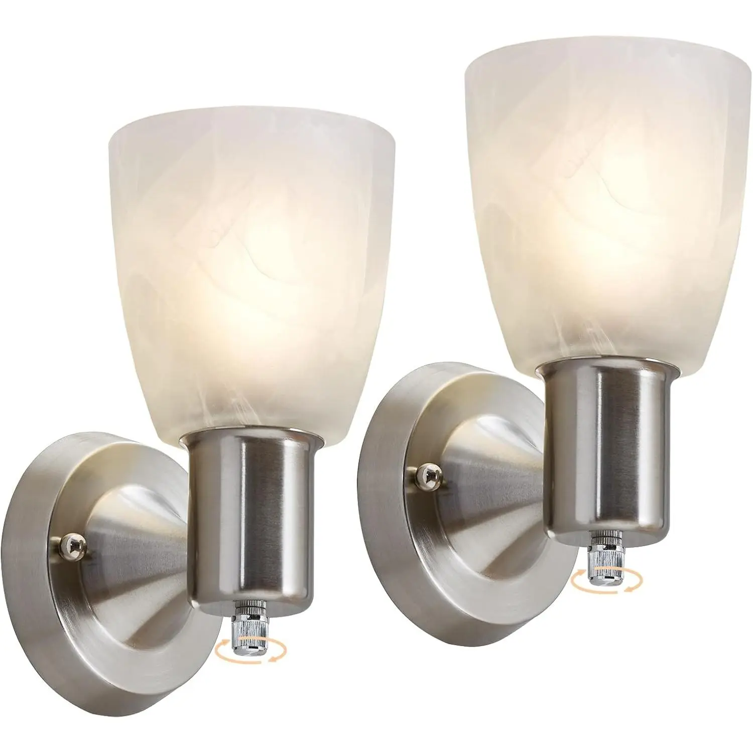 Wall Sconces Set of 2, Brushed Nickel Vanity Lights for Bathroom, Modern Wall Light Fixtures with Rotary Switch, Wall Mount Light with Frosted Glass, Farmhouse Lamp for Bedroom Living Room