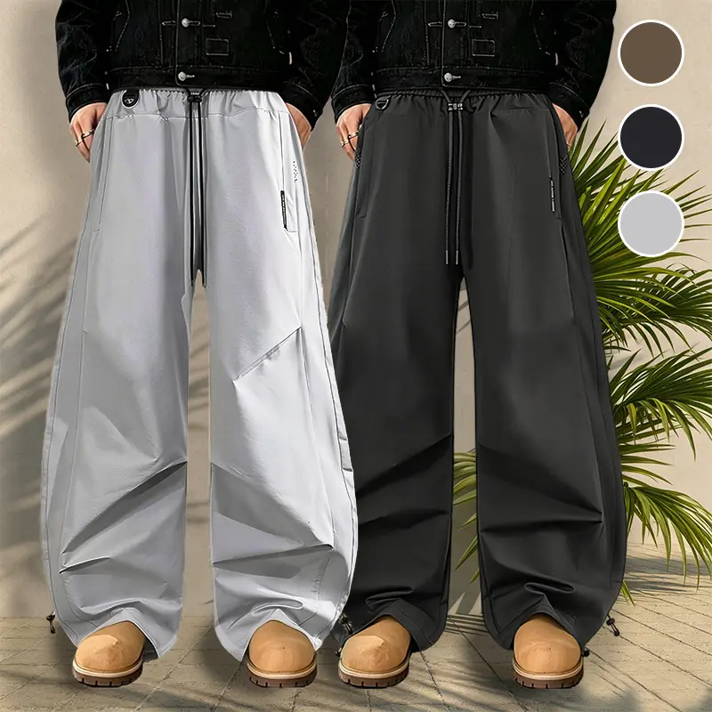 2PCS Men's Techwear 3D Pleated Wide Leg Parachute Cargo Pants, Dual Drawstring Waist & Ankle Convertible Jogger Floor-Length Trousers, Lightweight Windproof Water Resistant Quick Dry Draped Loose Straight Side Pocket Cargo Pants For Hip Hop Street Hiking
