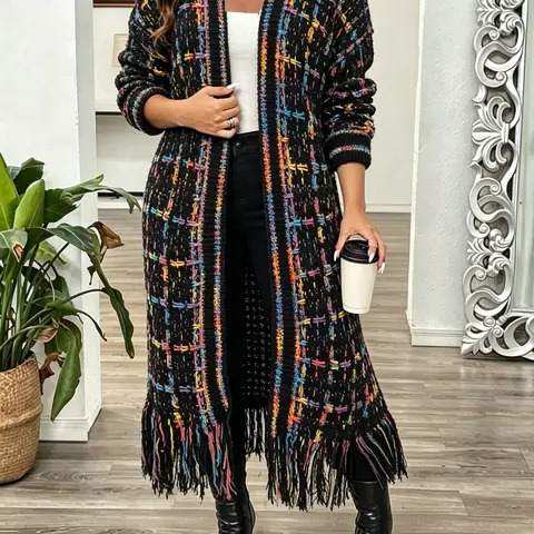 Plus Size Oversized All Over Print Fringe Trim Drop Shoulder Cardigan Casual Long Sleeve Open Front Knitwear for Fall & Winter, Women's Plus Clothing for Daily Wear