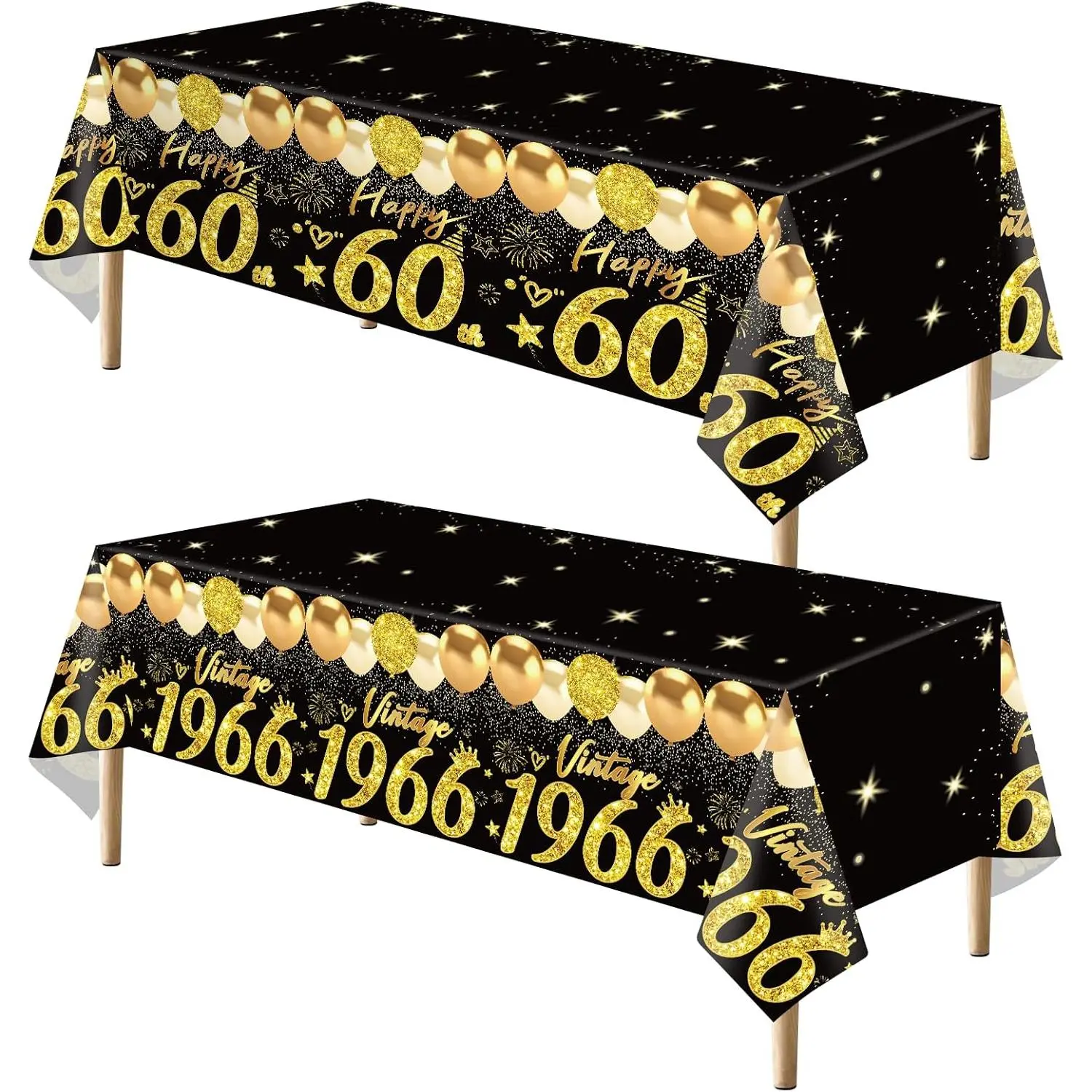Black-Gold 60th Anniversary Synthetic Rectangle Tablecloth Set Pack (2pcs), Vintage 1966 Plastic Table Covers for Men, Home Supplies Party Decorations