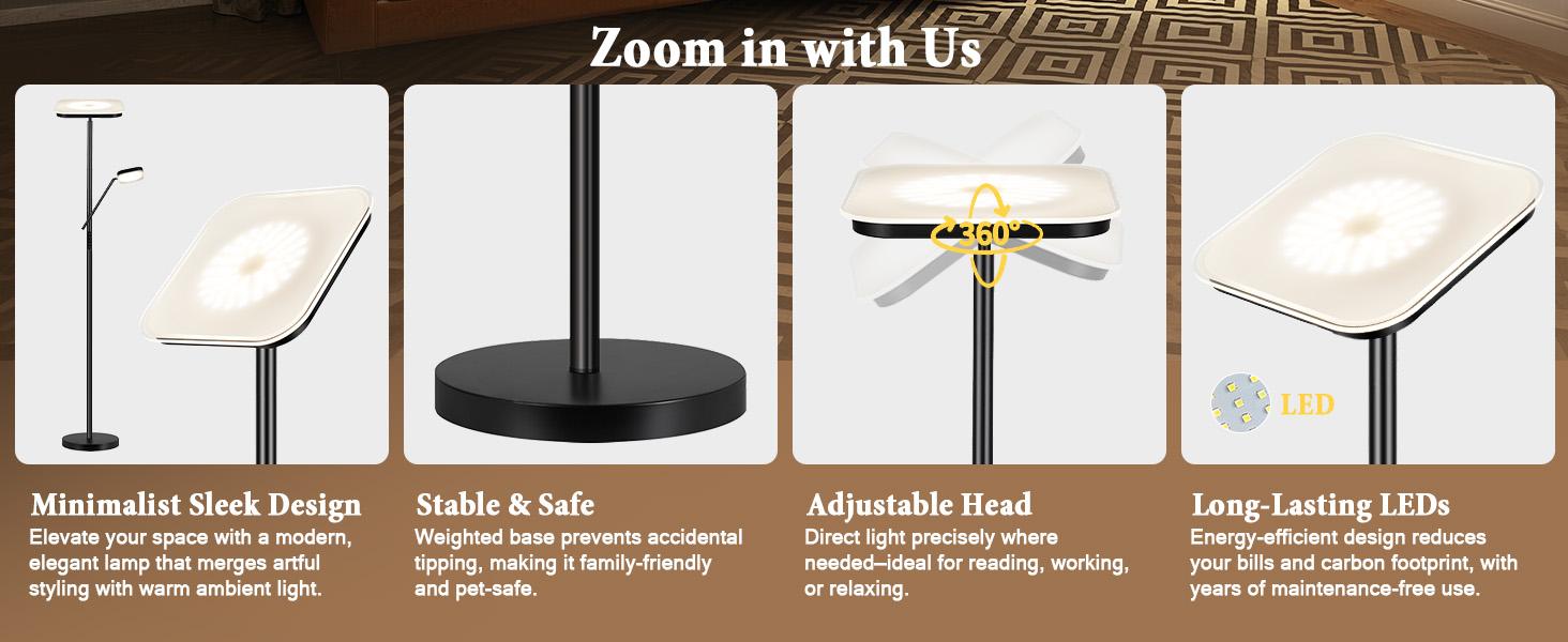 Floor Lamp, Upgraded 36W 3000LM Torchiere Super Bright LED Floor Lamp for Living Room, Stepless Dimmable Black Modern Standing Lamp with Remote & Touch Control, Tall Lamp for Bedroom, Office, Black