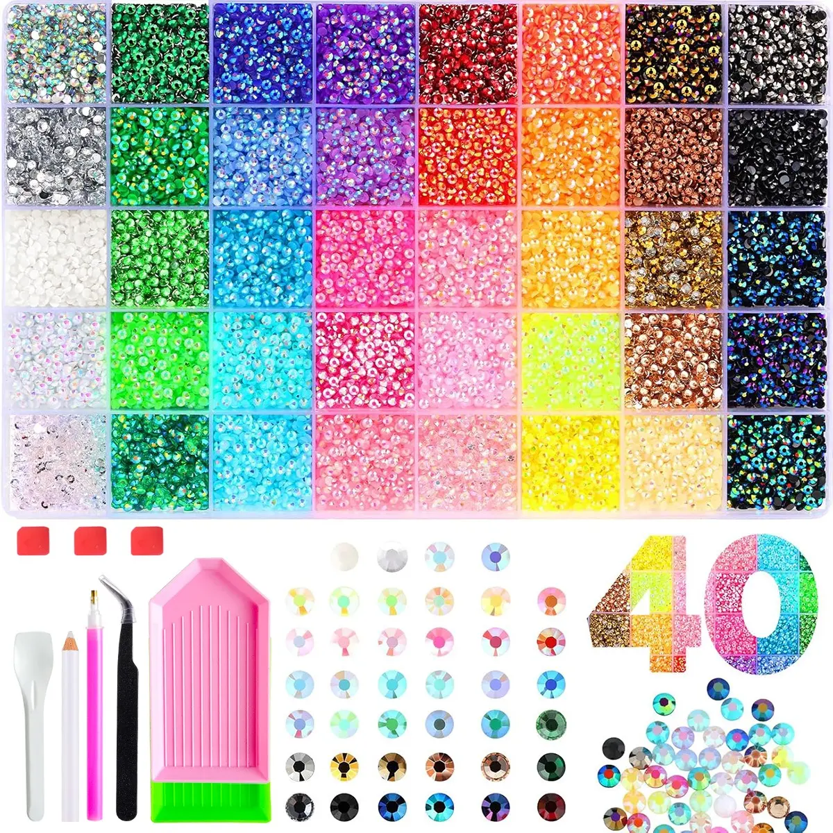 1Box 40 Colos Shimmering AB Flatback Resin Nail Bedazzling Rhinestones Kit Mini Semi-Circular Resin Gemstones DIY Jewelry Clothing Headphone Cases Lipstick Nail Art Holiday Gifts Decorative Items