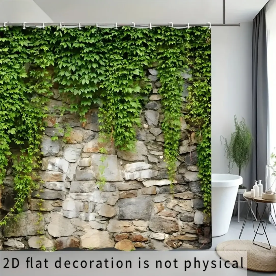 1pc Country Vine Stone Wall Bath Curtain, suitable for shading home or hotel bathrooms and rooms, dry-wet partition curtain and bathroom decor, dormitory arrangement, comes with hooks, polyester material, multiple sizes available