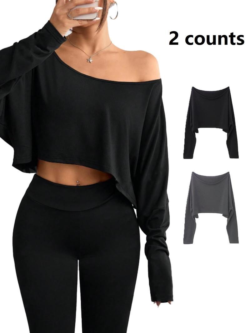 Women's Solid Off Shoulder Loose Tee, Casual Long Sleeve Crop Top for Daily Holiday Outdoor Wear, Everyday Ladies Clothes for All Seasons