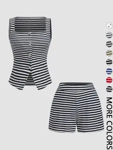 2 Piece Ribbed Striped Set, Slim-Fit Sleeveless Top & High-Waisted Shorts, Lightweight & Durable for Lounging & Weekend Getaways