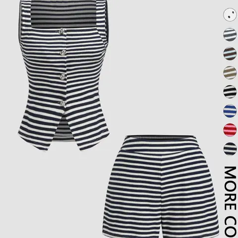 2 Piece Ribbed Striped Casual Knit, Two Pieces Outfits Slim-Fit Sleeveless Top & High-Waisted Shorts, Lightweight & Durable for Lounging & Weekend Getaways Clothes