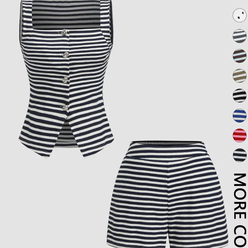2 Piece Ribbed Striped Casual Knit, Two Pieces Outfits Slim-Fit Sleeveless Top & High-Waisted Shorts, Lightweight & Durable for Lounging & Weekend Getaways Clothes