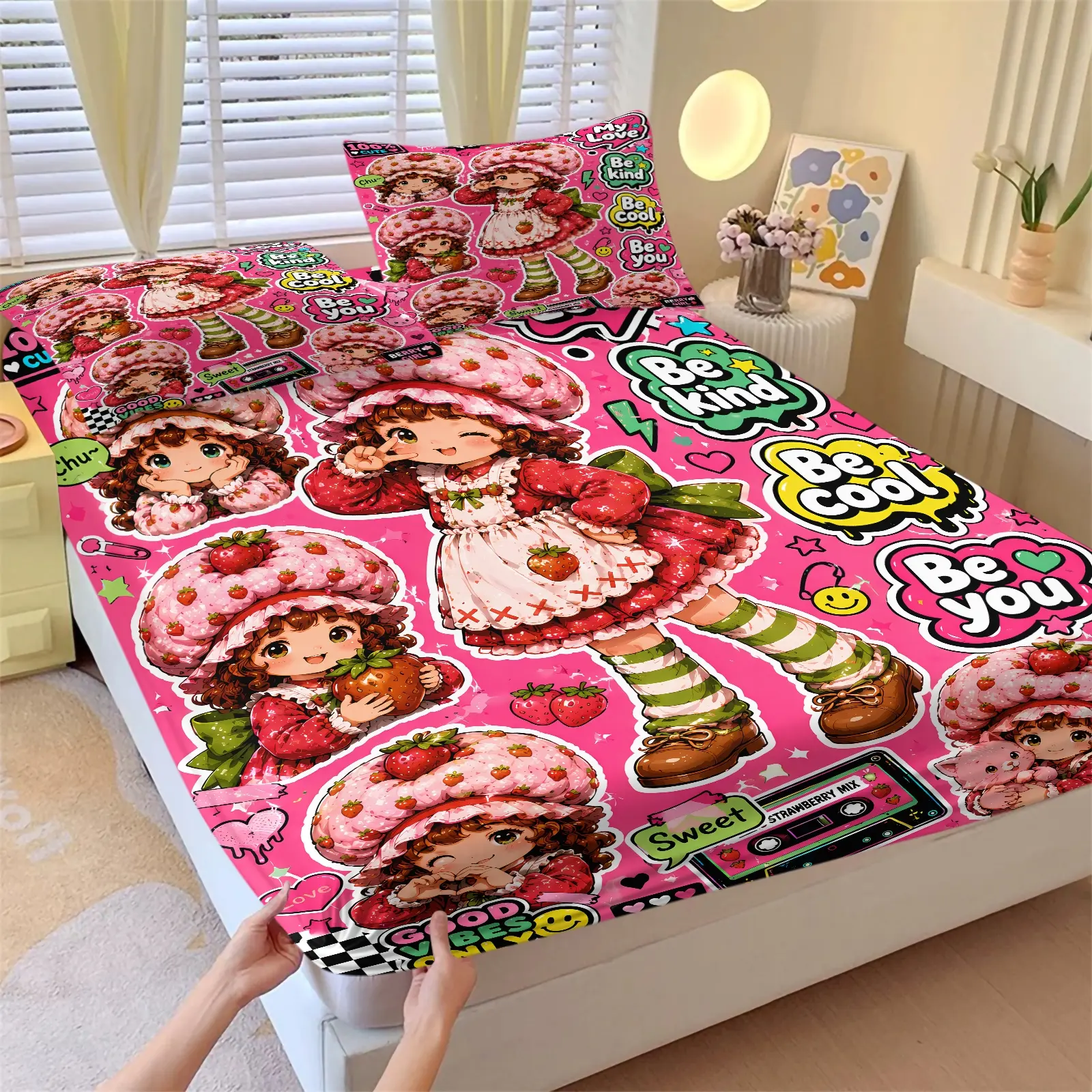 Y2K Kawaii Cartoon Strawberry Stripe Bow Print Fitted Sheet Set, 1 Fitted Sheet & 2 Pillowcase, Deep Pocket Soft Breathable Girls Bedding Set, Colorful Strawberry & Slogan Pattern, Aesthetic Bedroom Decoration For Youth Teen Room