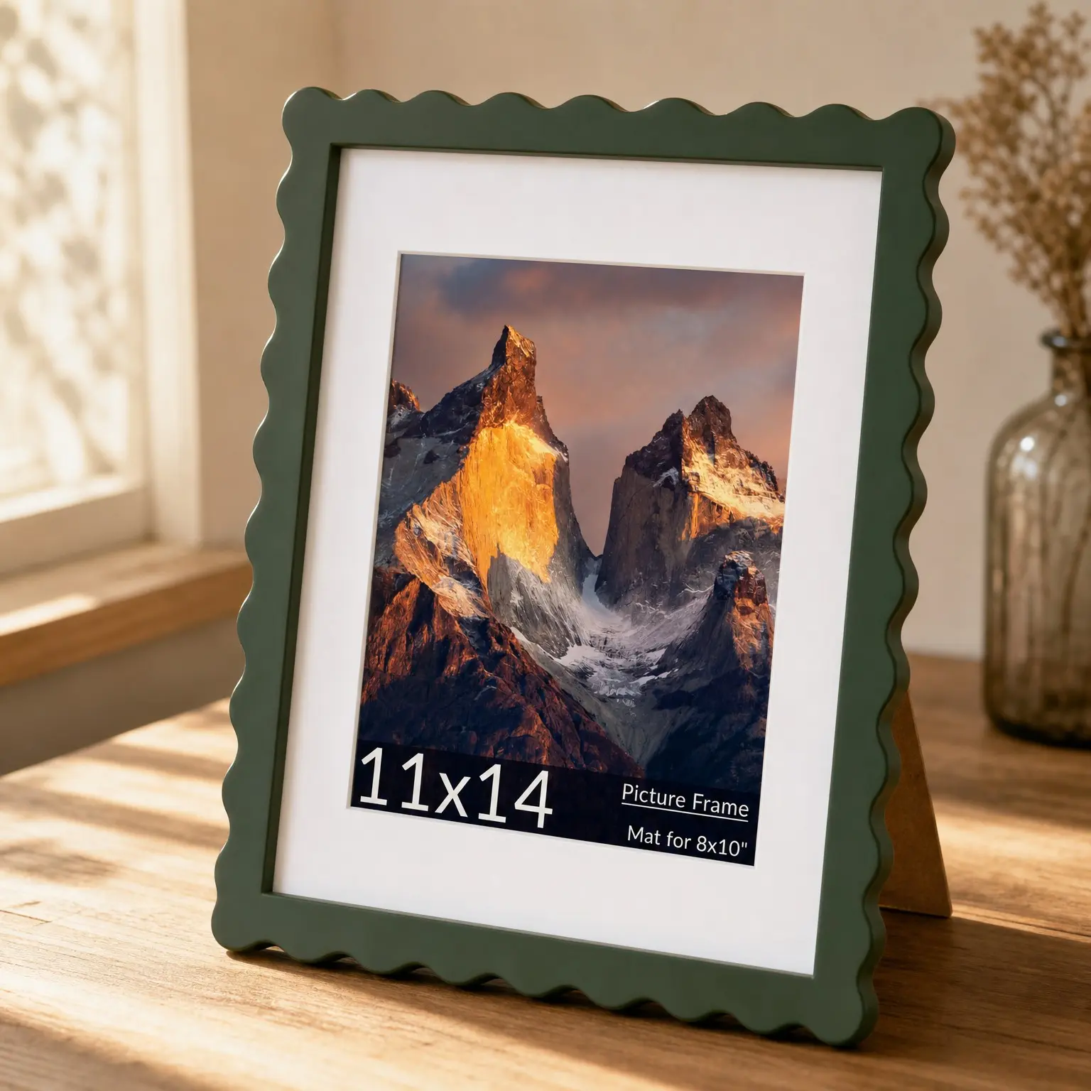 11x14 Wavy Scalloped Picture Frame with Real Glass, Tabletop & Wall Mount, Fits 8x10 with Mat or 11x14 without Mat, GreenGift