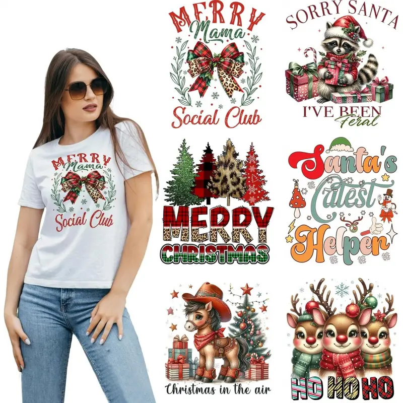 Christmas Quotes Iron on Heat DTF Transfers for Clothing | 6 Pack; Easy Heat Press; Vibrant Color; Perfect for T-Shirts, Jackets, Backpacks and Fabric Crafts