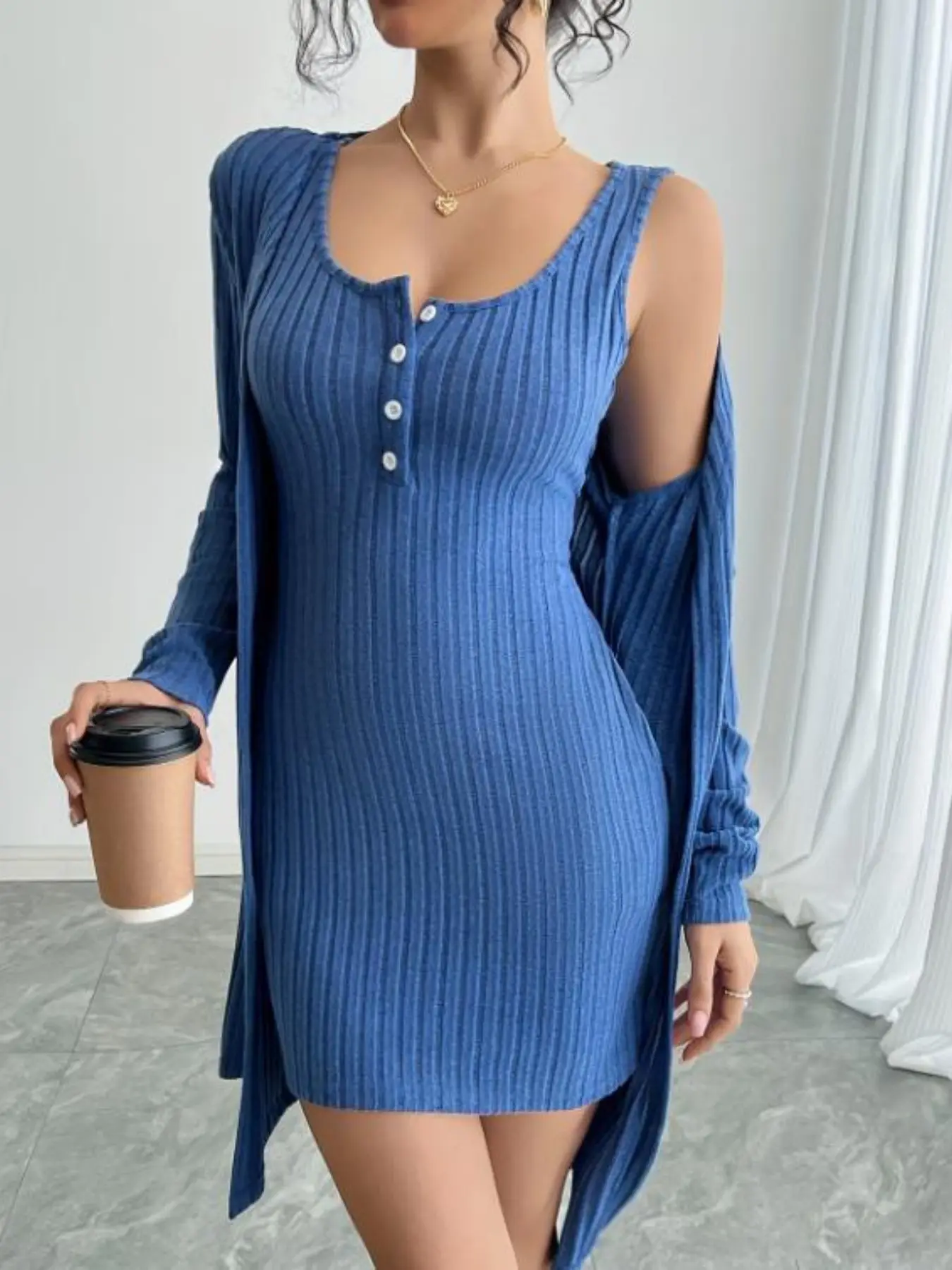 Women's Two-Piece Knit Home Set, Button Back Vest Skirt and Long Cardigan, Casual Wear, Comfortable and Stylish, Perfect for Relaxing at Home