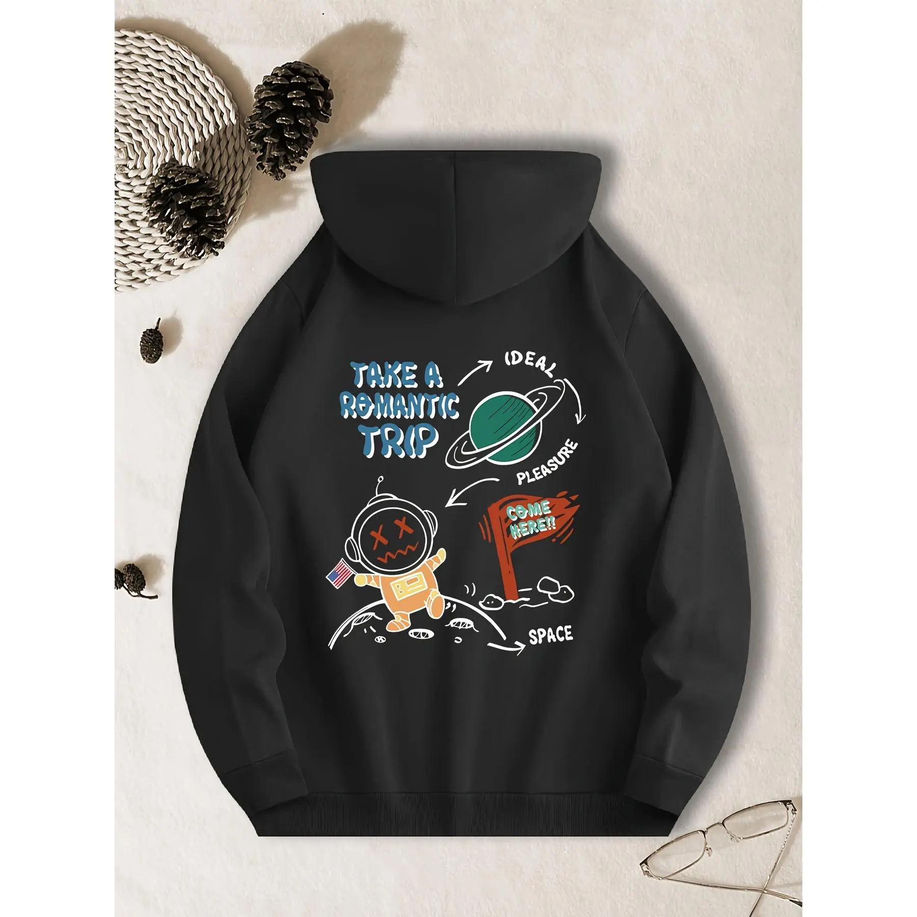 Fun Space Astronaut Print Casual Hooded Sweatshirt