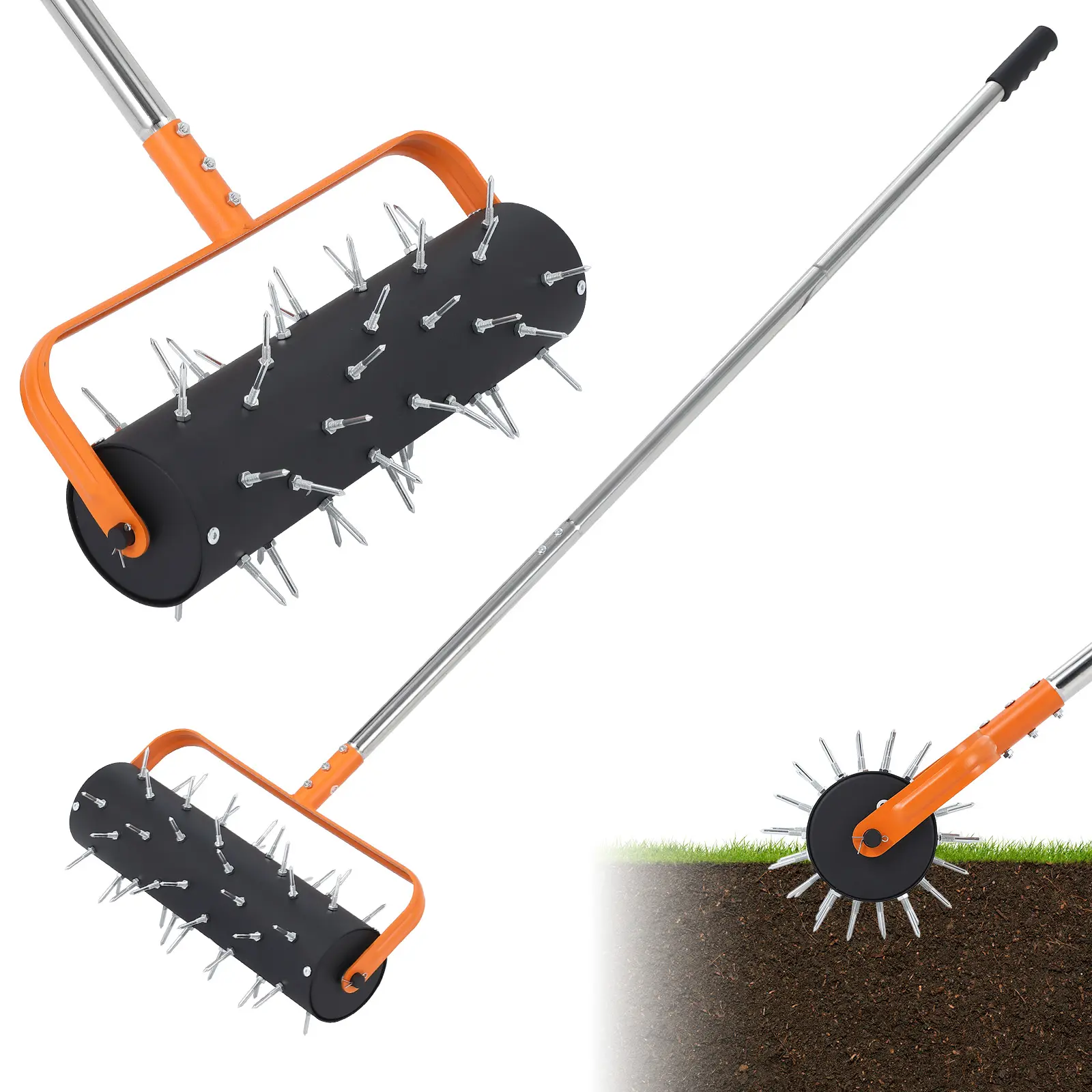 18" Rolling Lawn Aerator – 52 Spike Manual Soil Aeration Tool, 67" Adjustable Handle – Lawn Care for Garden, Yard, Patio – Black/Orange