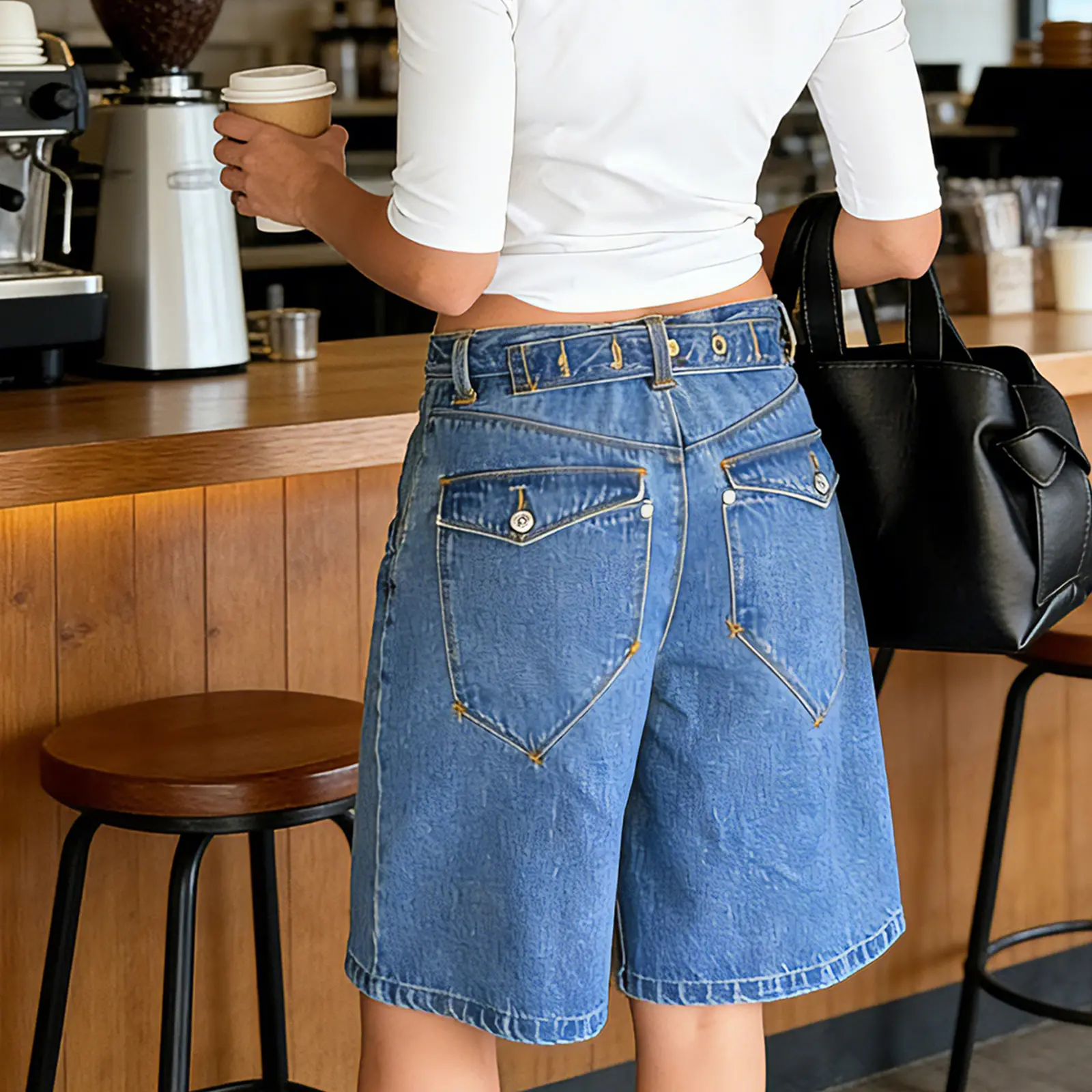 Women Loose Fit Denim Shorts Elegant Solid Color Zip Fly with Button Closure Knee Length Bermuda Jean Shorts for Daily Wear