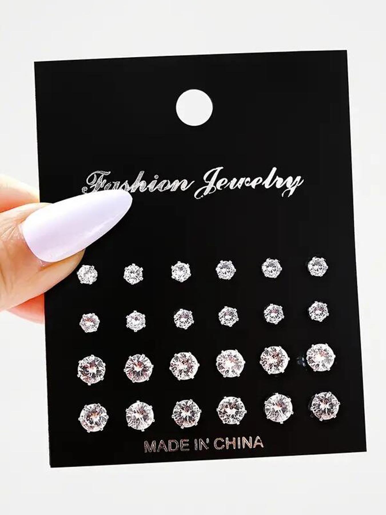 12 Pairs Mixed Size Rhinestone Stud Earrings for Women and Men, Fashion Sparkly Shiny Earrings Set As Gift for Her & Him, Ear Piercing Jewelry, Cute Accessories, Daily Ootd Use
