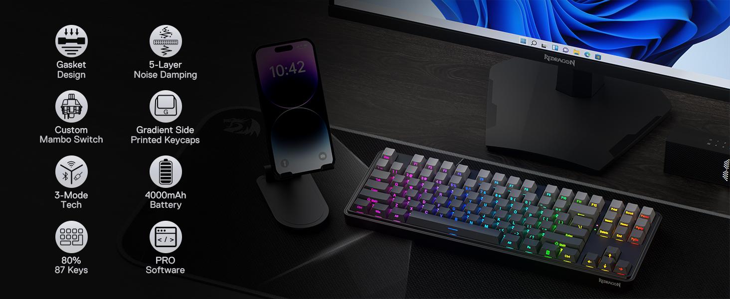 Redragon K707 PRO GB 80% Gasket RGB Gaming Keyboard, 3-Modes Wireless TKL Mechanical Keyboard w/Hot-Swap South-Facing LEDs Socket, PBT Gradient Keycaps & 5-Layer Noise Dampening, Custom Linear Switch