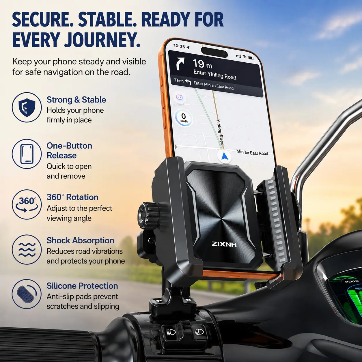 Motorcycle Electric Bike Shock Absorber Phone Holder, 4-Point Suspension, 360° Rotation, Fits 4.7-7.2 Inch Phones, Rearview Mirror or Handlebar Mount