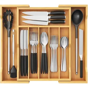 Silverware Drawer Organizer, Expandable Utensil Tray for Kitchen, Flatware and Cutlery Holder, Wood Adjustable Storage for Spoons Forks Knives, 13-22x15/ 33-56x38cm, Natural