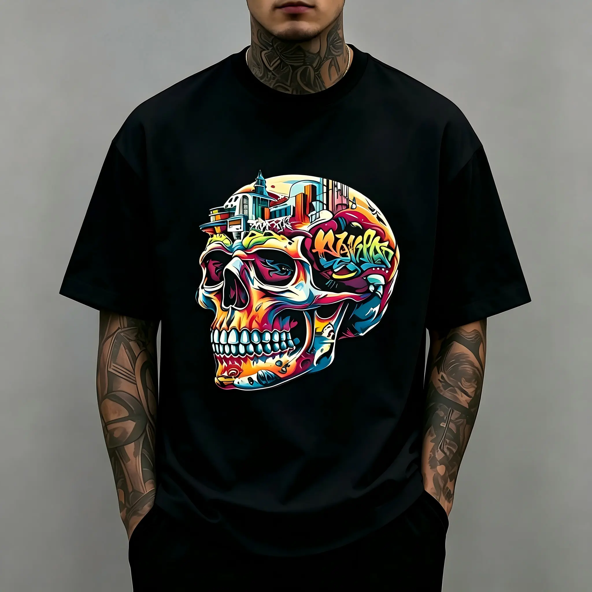 Vibrant Graffiti City Inside Skull Multicolor Unisex T-Shirt for Men & Women - Street-Art Urban Punk Tee, Soft Cotton Crew Neck Short Sleeve, Perfect for Daily & All-Season Wear, Hip-Hop Gift, Machine Washable