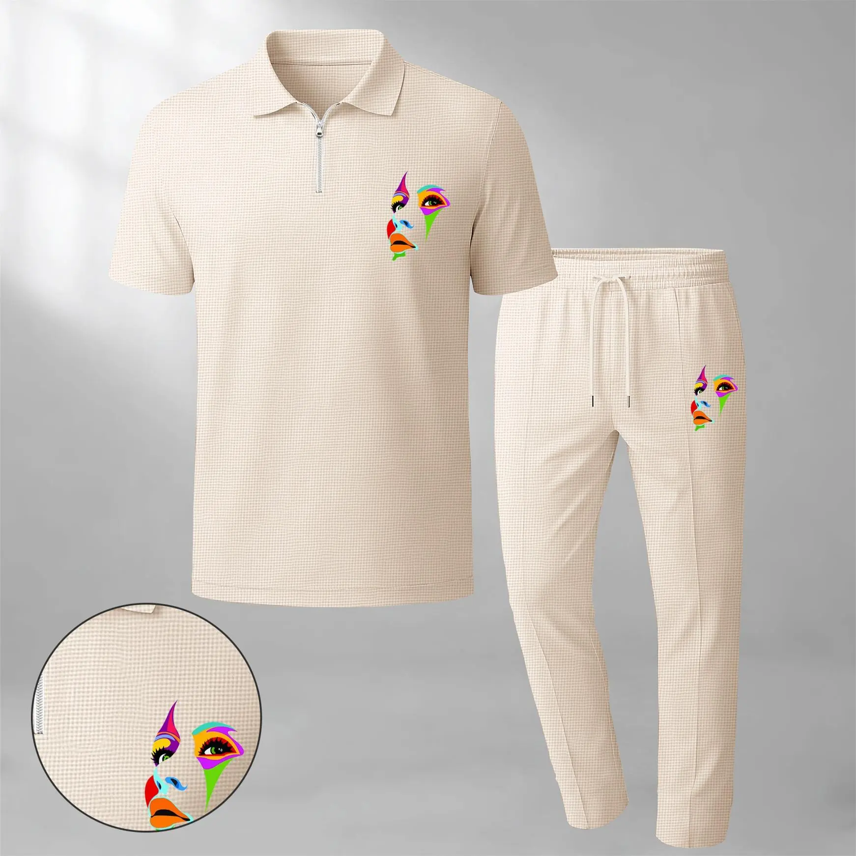 Men’s Colorful Abstract Face Graphic Waffle Knit Polo Shirt and Pants Set, Short Sleeve Zip Collar Polo Two Piece Outfit with Drawstring Trousers, Casual Lightweight Breathable Streetwear Matching Set for Daily Wear, Travel and Summer Fashion