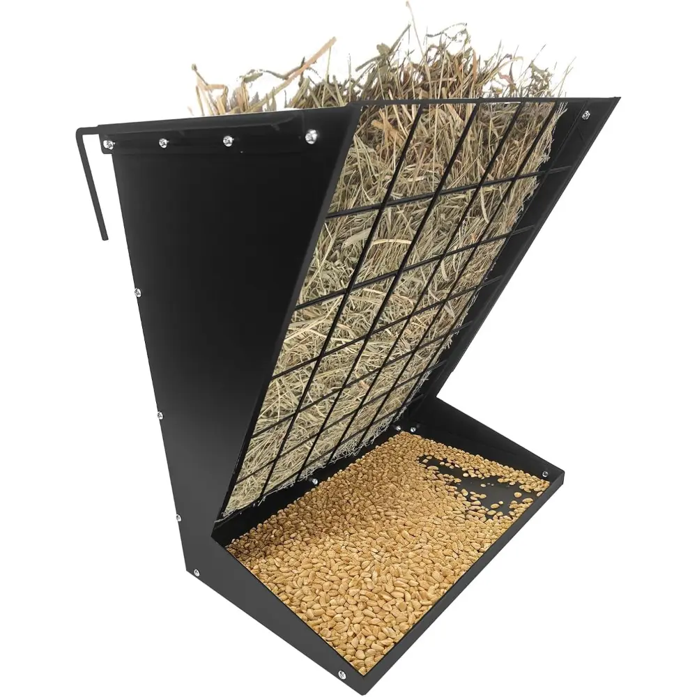 Wall Mount Hay Feeder for Goats, 18.5 Gallon Livestock Feeder with 2.5 Gallon Feed Tray, 2 in 1 Hay and Grain Rack, Heavy-Duty Galvanized Steel Goat Feeders for Sheep, Horses Hanging Indoor/Outdoor