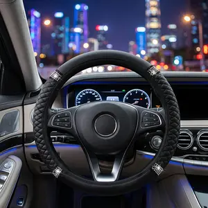 ✨Black leather steering wheel sleeve embedded with shiny glitter crystal rhinestones, bling diamond wheel protector universally fitting 14.5-15 inch wheels, trendy feminine car ornament for sedan, truck, SUV and van owners