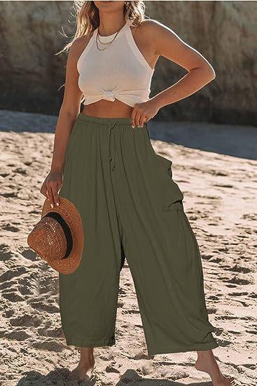 Women's Elastic Waist Pleated High Waist Wide Leg Pants Loose Casual Linen Cotton Long Trousers Breathable Summer Beach Outfit