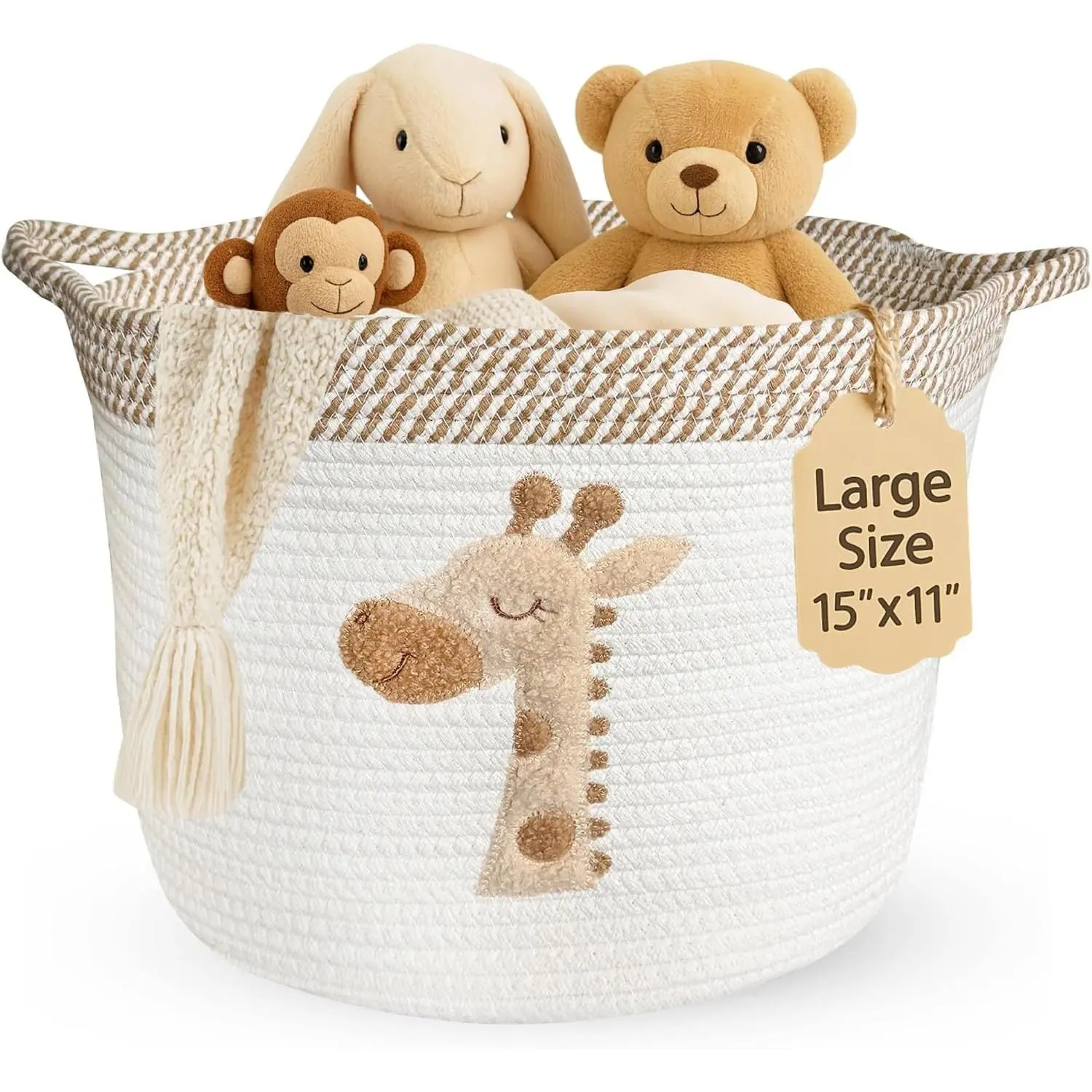 Large 15”x11” Cotton Rope Giraffe Storage Basket for Nursery with Soft Felt Animal Patch – Foldable, Washable & Baby-Safe Toy Organizer, Baby Laundry Hamper, Diaper & Towel Holder(Gift)