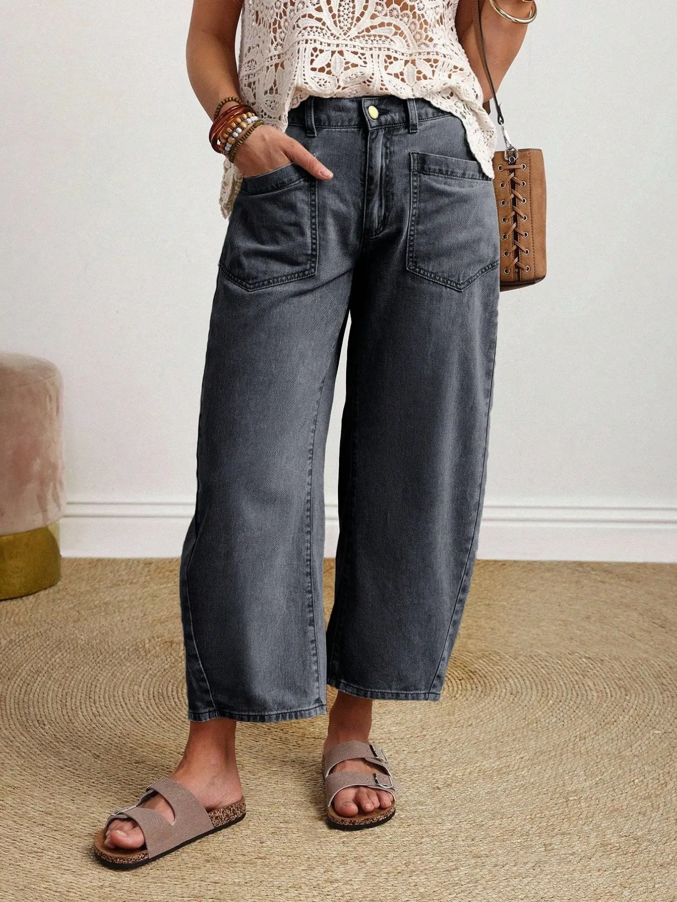 Double Pocket Workwear Nine-Part Wide Leg Jeans, Distressed High Waist Loose Fit Carrot Pants, Comfortable and Stylish