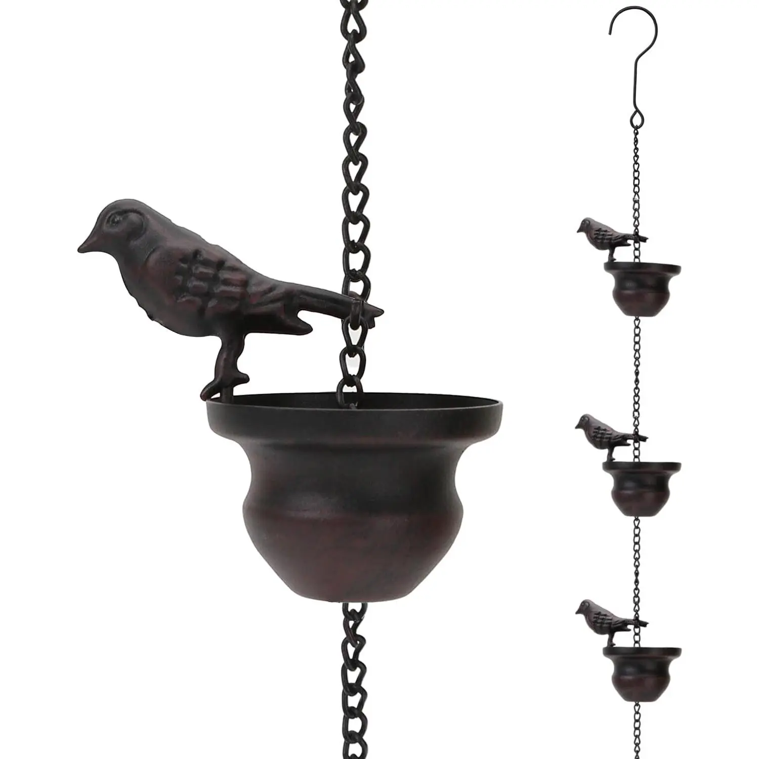 Vintage Bird Shaped Rain Chain Catcher Decorative Hanging Gutter Chains for Outside Gutters, 8 Feet with Attached Hanger, Dark Bronze for Garden Drain Decor