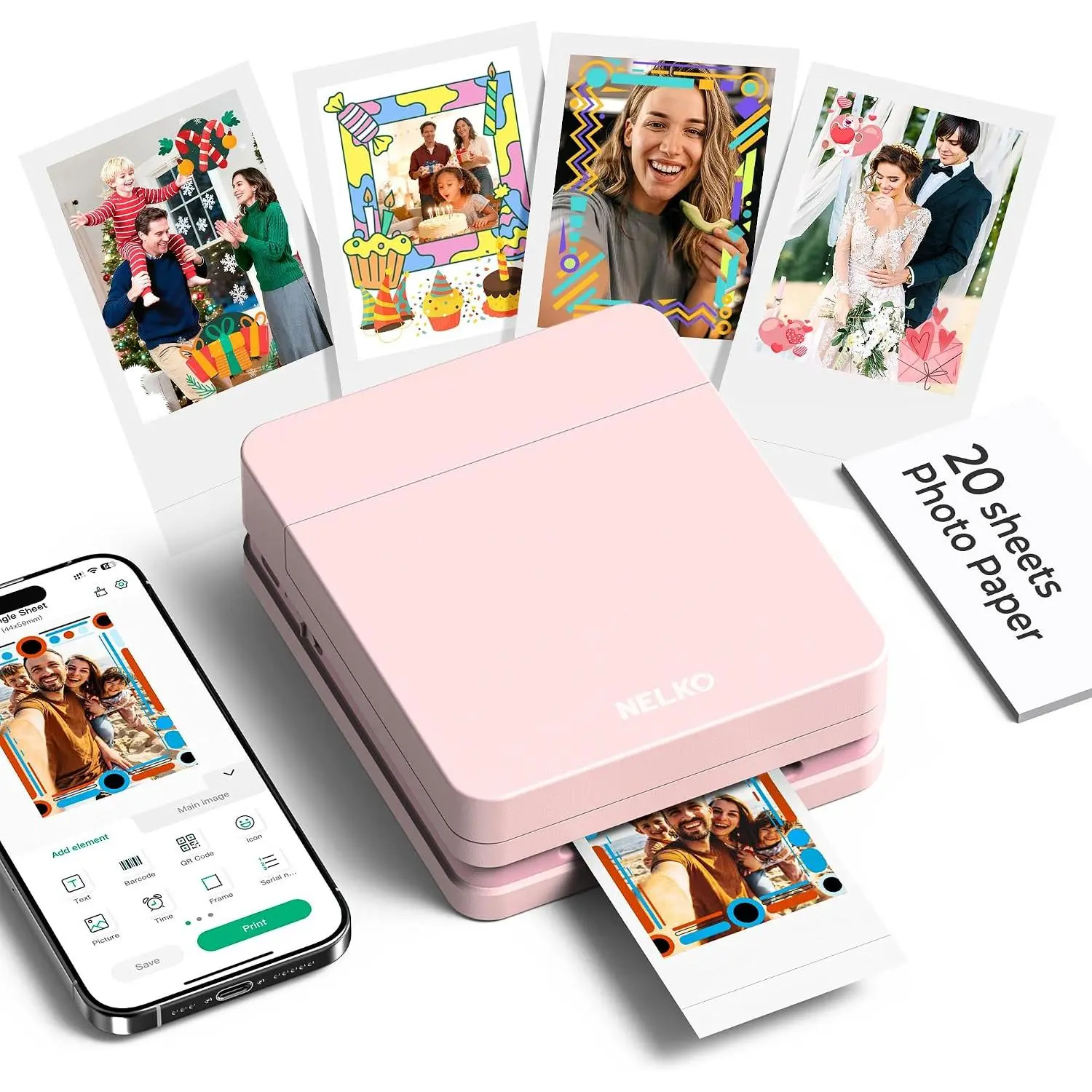Nelko PP01 Photo Printer, 2x3 Portable Photo Printer, Mini Printer, Pink
