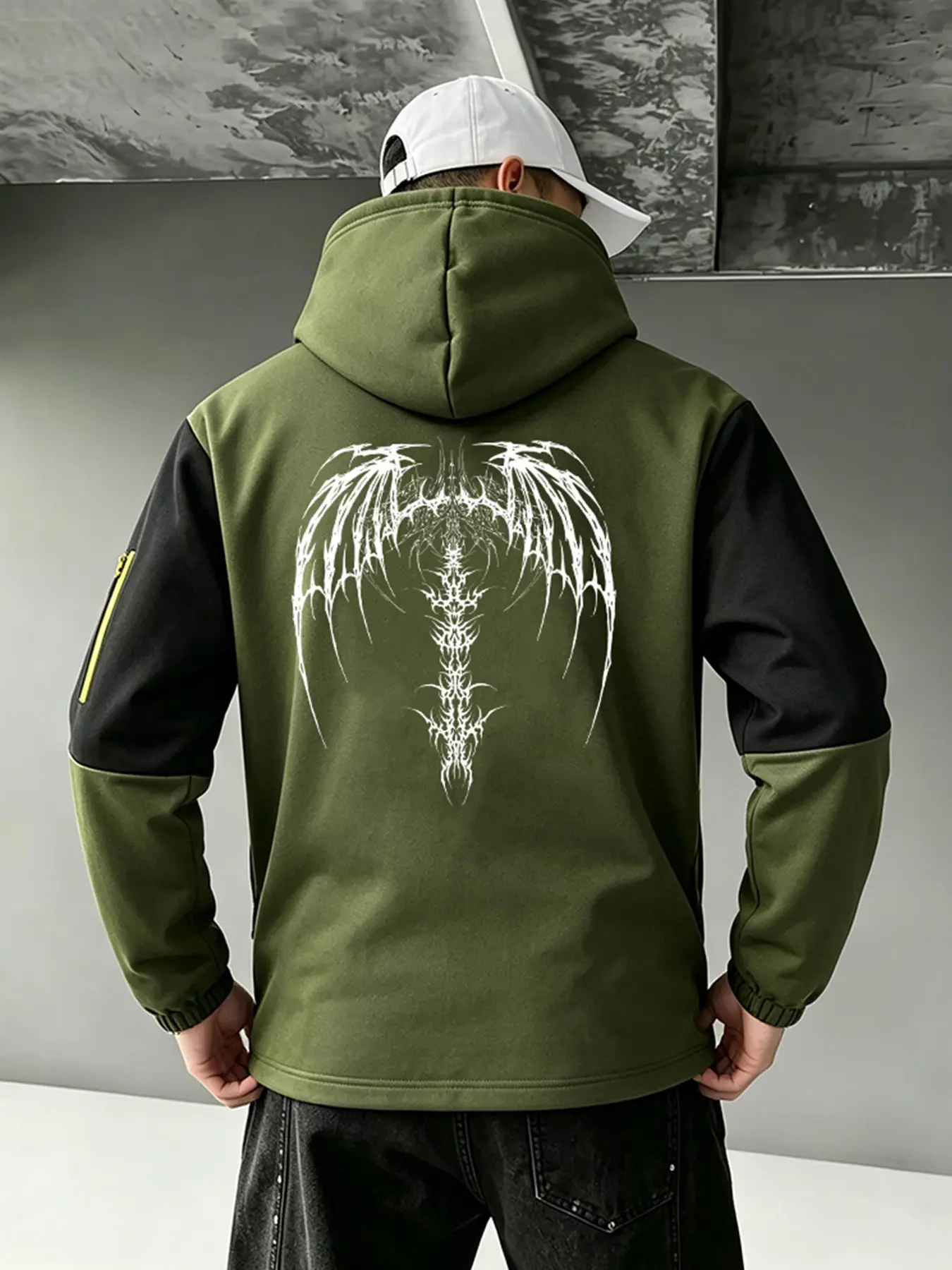 Outdoor Casual Color Block Full Zip Hooded Sweatshirt For Mens Long Sleeve Spliced Jacket Yellow Zipper Pockets Skeleton Spike Wings Print Daily Sports Streetwear Hoodie Outerwear