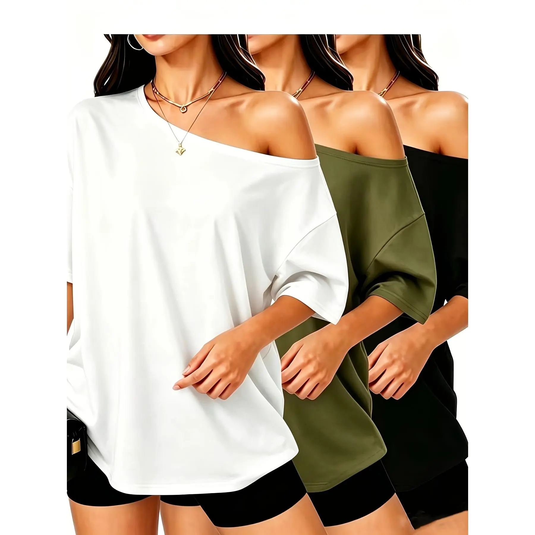 3pcs Summer Off-Shoulder Solid Color Short-Sleeve Women's Casual Outing Comfortable Versatile Tops