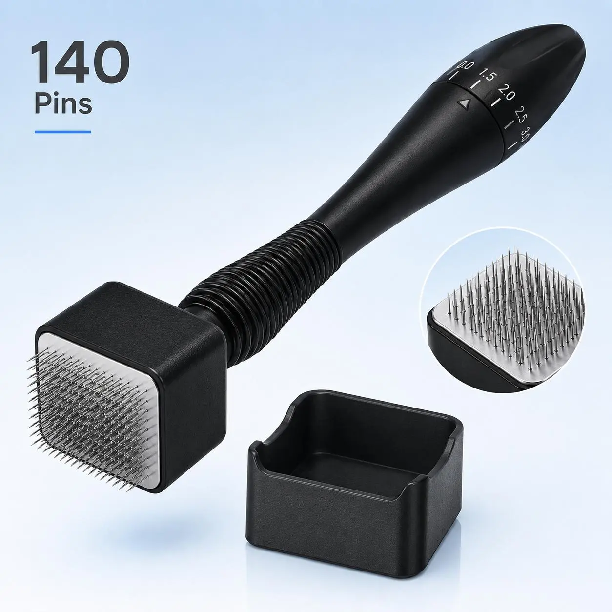 Stainless Steel Handle Adjustable Derma Stamp, 140-Needle Microneedle Tool with 0-3.0 Mm Depth Control, Textured Grip, Protective Base for At-Home Facial Exfoliation & Skincare Routine