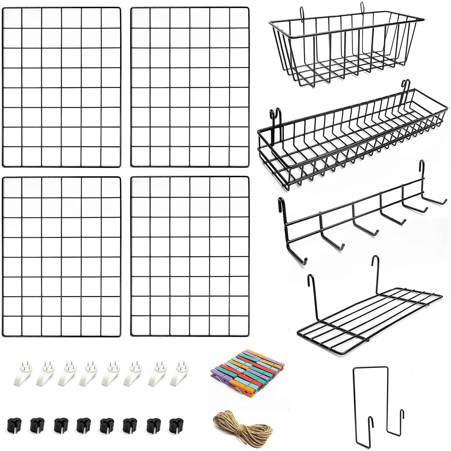 4 Pack Wire Wall Grid Panel With Accessories Includes Hanging Baskets, Letter Sorter, Shelf & Hook Rack Grid Wall Panels Photo Grid Hanging Home Office & Kitchen Décor